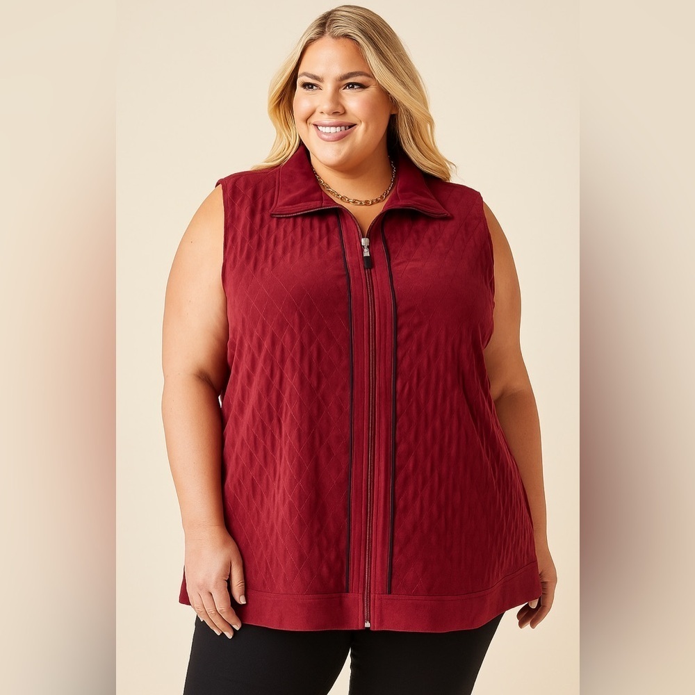 Allison Daley Quilted Zip-Front Sleeveless Vest in Burgundy (1055)